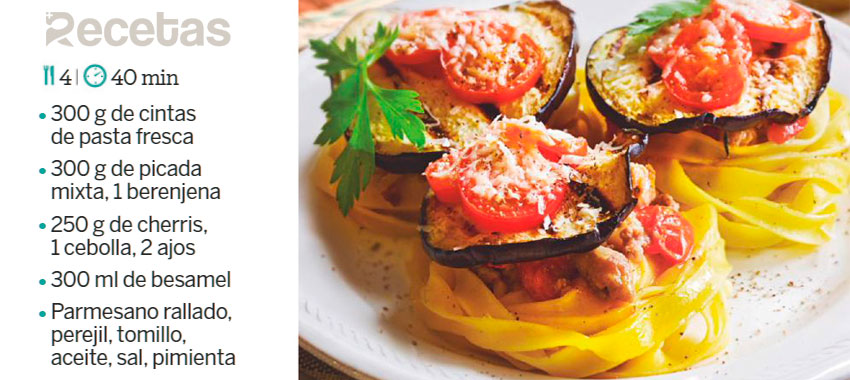 Cintas con berenjena y carne picada